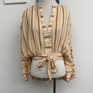 Anthropologie Neutral Striped Dolman Sleeve Tie-Front Blouse Oversized M NWT
